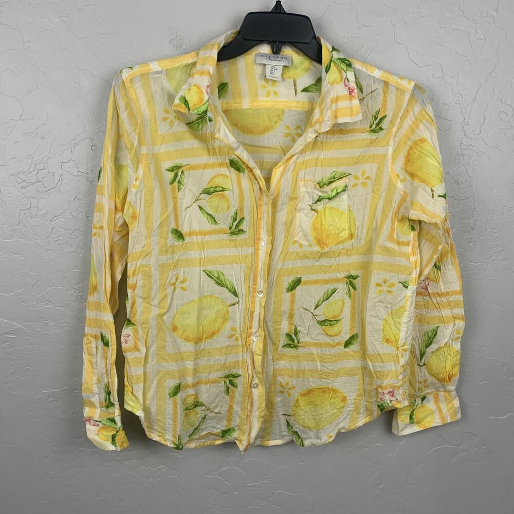 Calypso St. Barth Shirt Womens Large Yellow Lemon Print Cotton Button Front Top